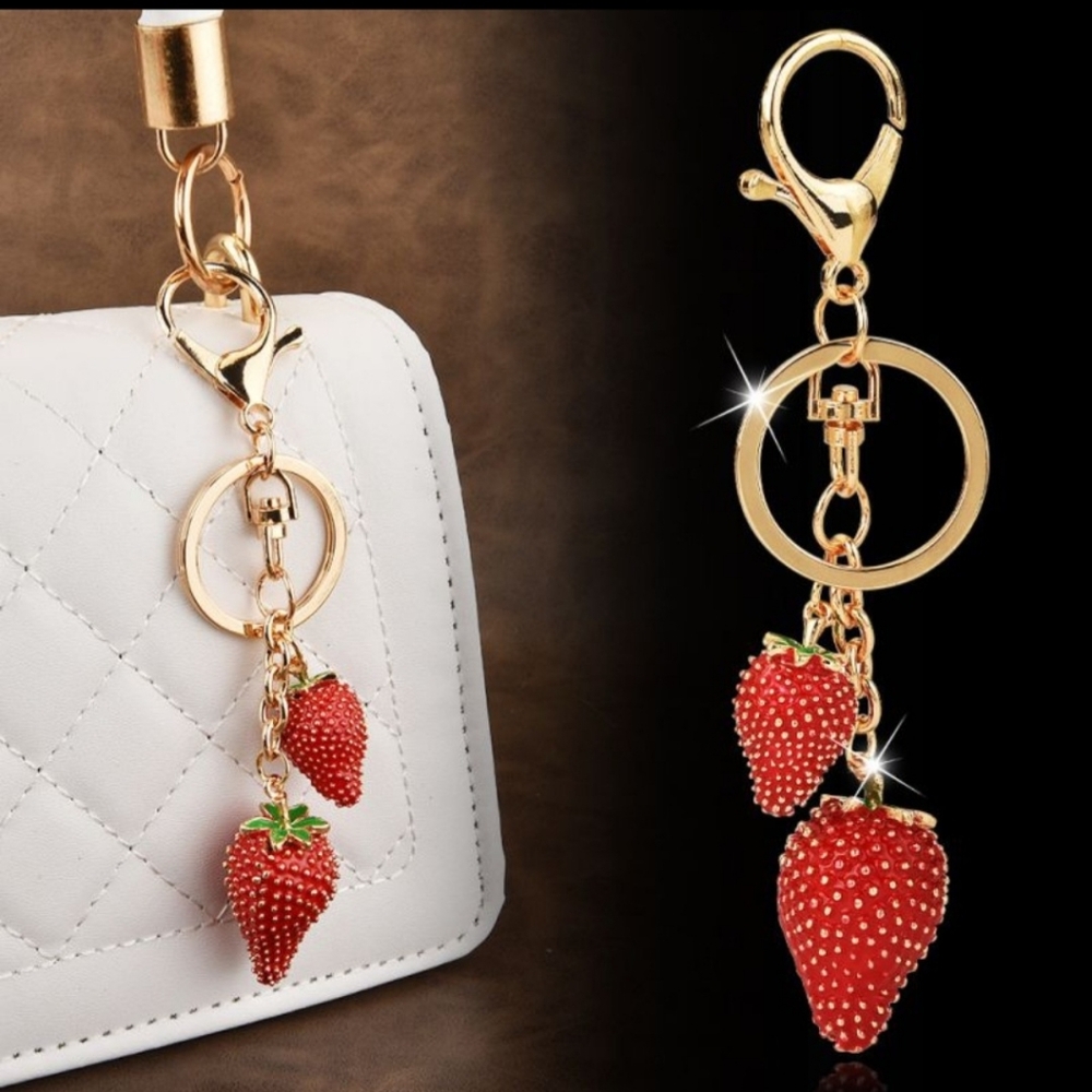 Gold Strawberry Charm Keychain - Red Strawberry Charms